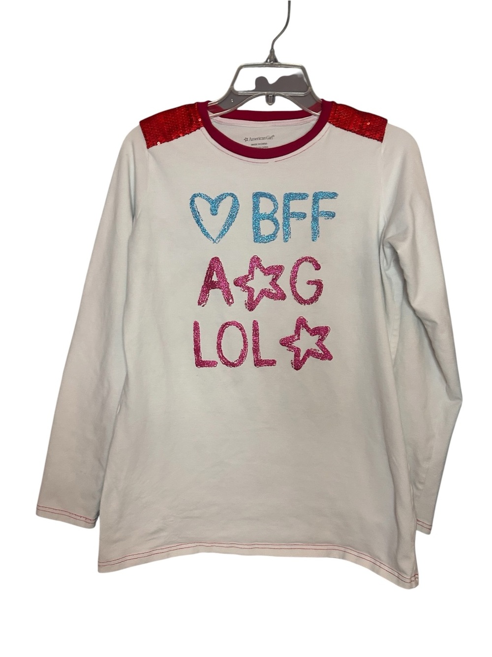 American Girl White Glitter 'BFF' Graphic Long Sleeve Top Pink & Blue  XL